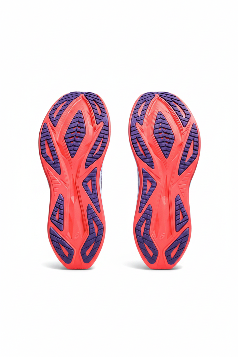 Red and blue athletic shoe sole on a white background